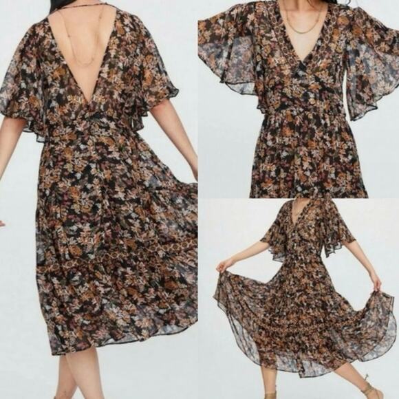 Zara Dress Boho Floral Chiffon Midi Ruffle Flutter Sleeves Size Small - Picture 1 of 9